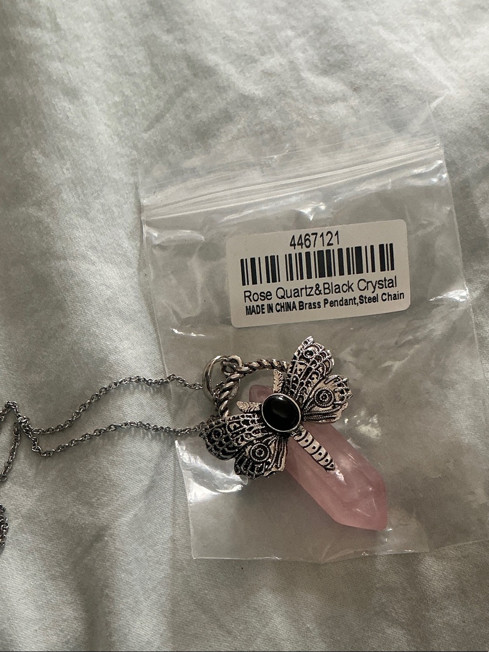 Rose Quartz & Black Crystal Dragonfly Pendant Necklace